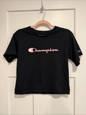 Champion Black T-Shirt with Pink Script Logo